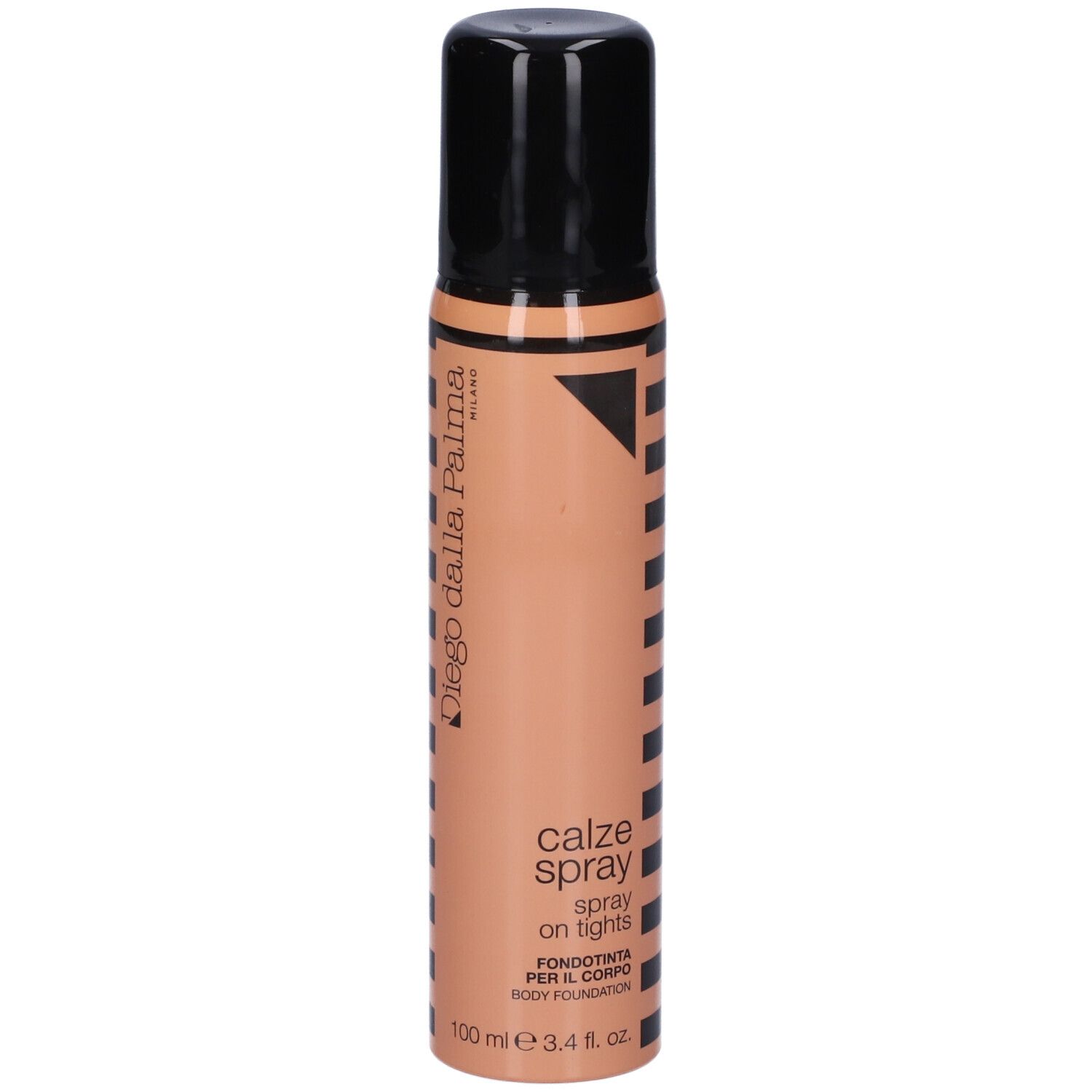 Flacone spray con tappo nero. Scritta: Diego dalla Palma, Calze Spray, Fondotinta per il corpo.