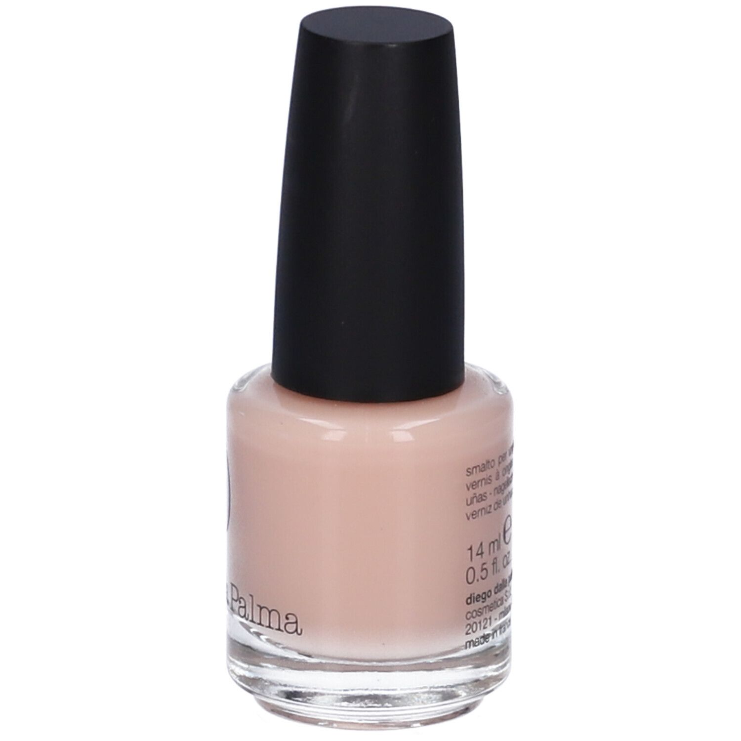 Flacone di smalto per unghie con tappo nero. Scritta: 14 ml, 0,5 fl. oz. Visibili anche informazioni sul prodotto.