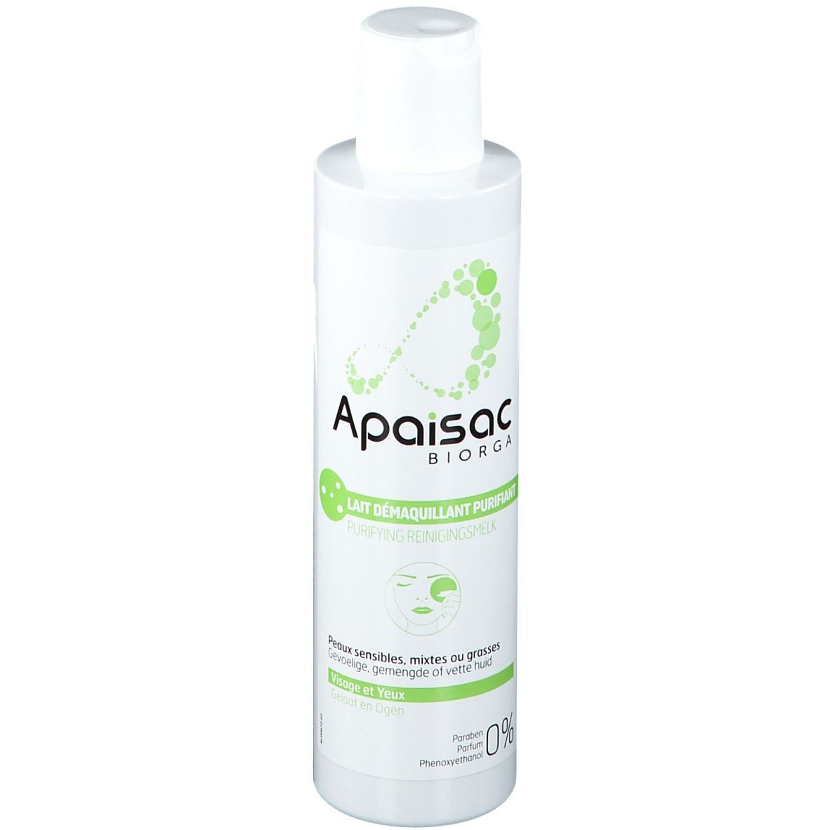 Flacone bianco con etichetta verde. Scritta: Apaisac Biorga, Lait Démaquillant Purifiant. Per pelli sensibili. 0% profumo.