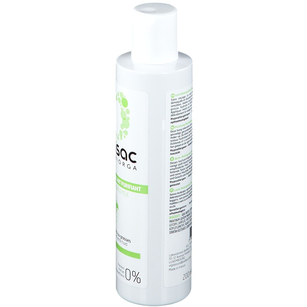 Flacone bianco, etichetta verde. Scritta: Apaisac Biorga. Testo multilingue. 200ml. 0% profumo. Testato dermatologicamente.