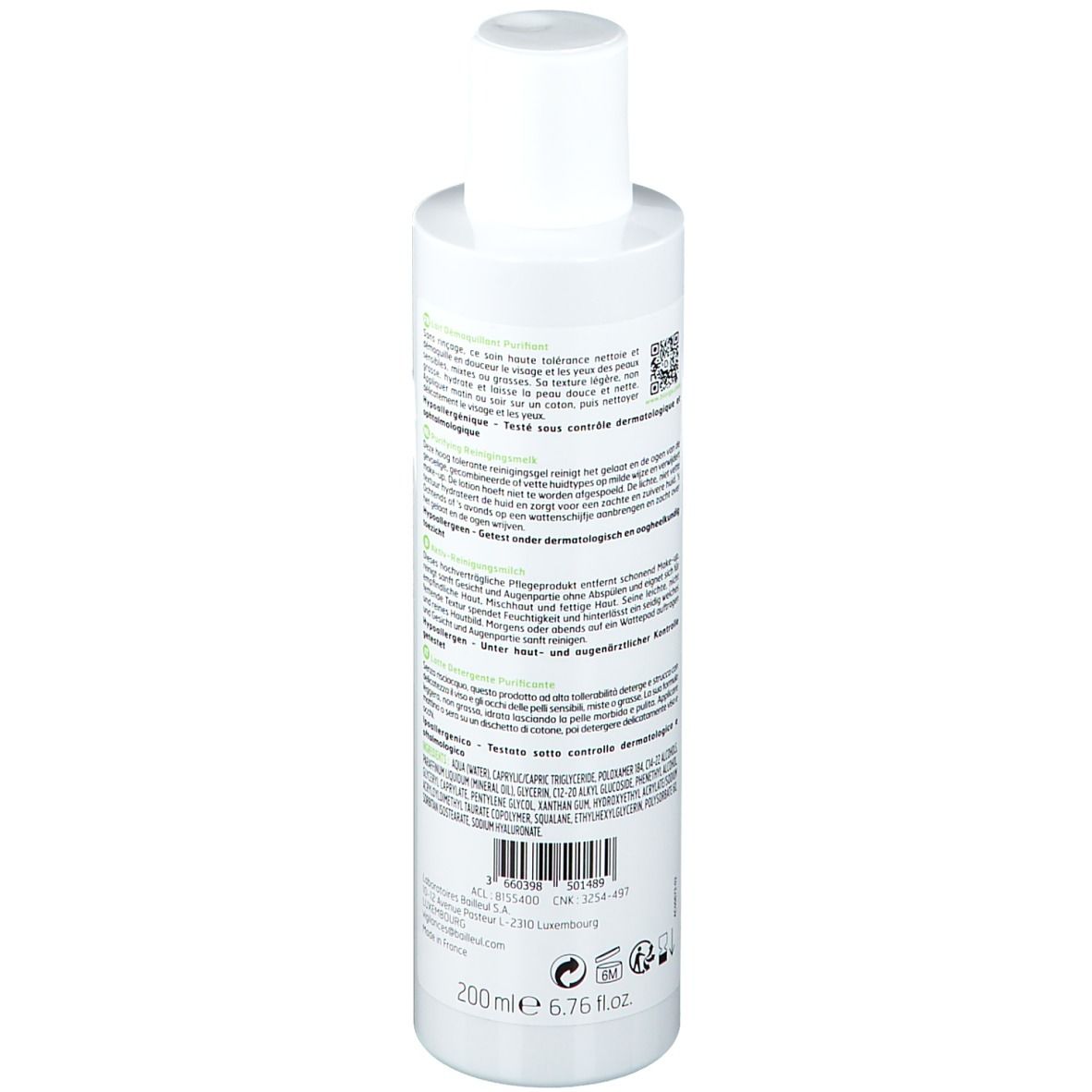 Retro di un flacone bianco. Testo multilingue. 200 ml. Testato dermatologicamente. Codice QR. Ingredienti.