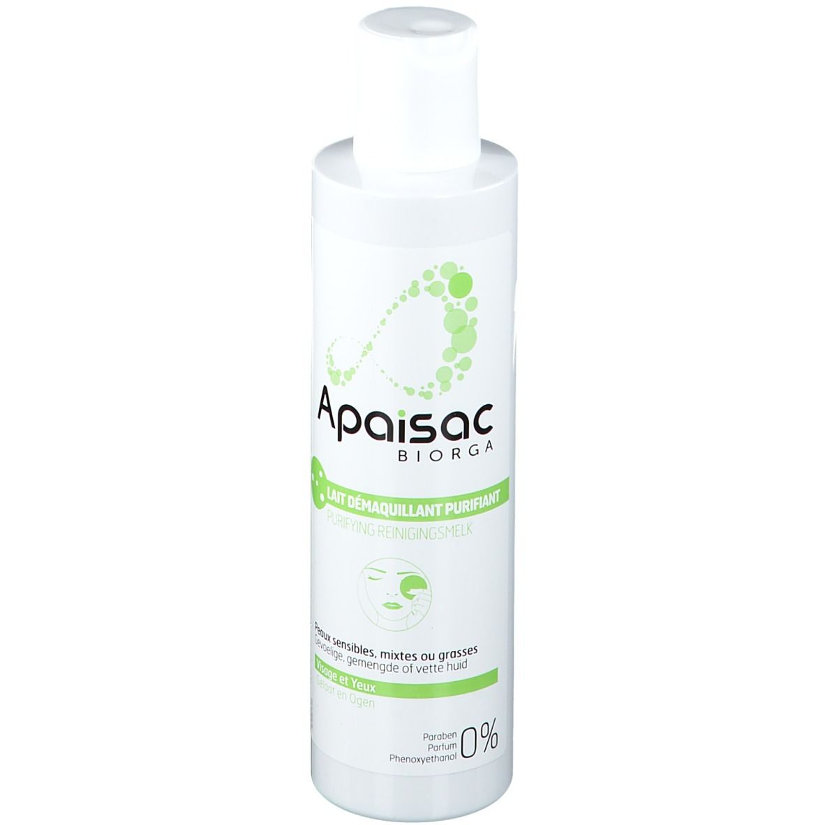 Flacone bianco con etichetta verde. Scritta: Apaisac Biorga, Lait Démaquillant Purifiant. Per pelli sensibili. 0% profumo.