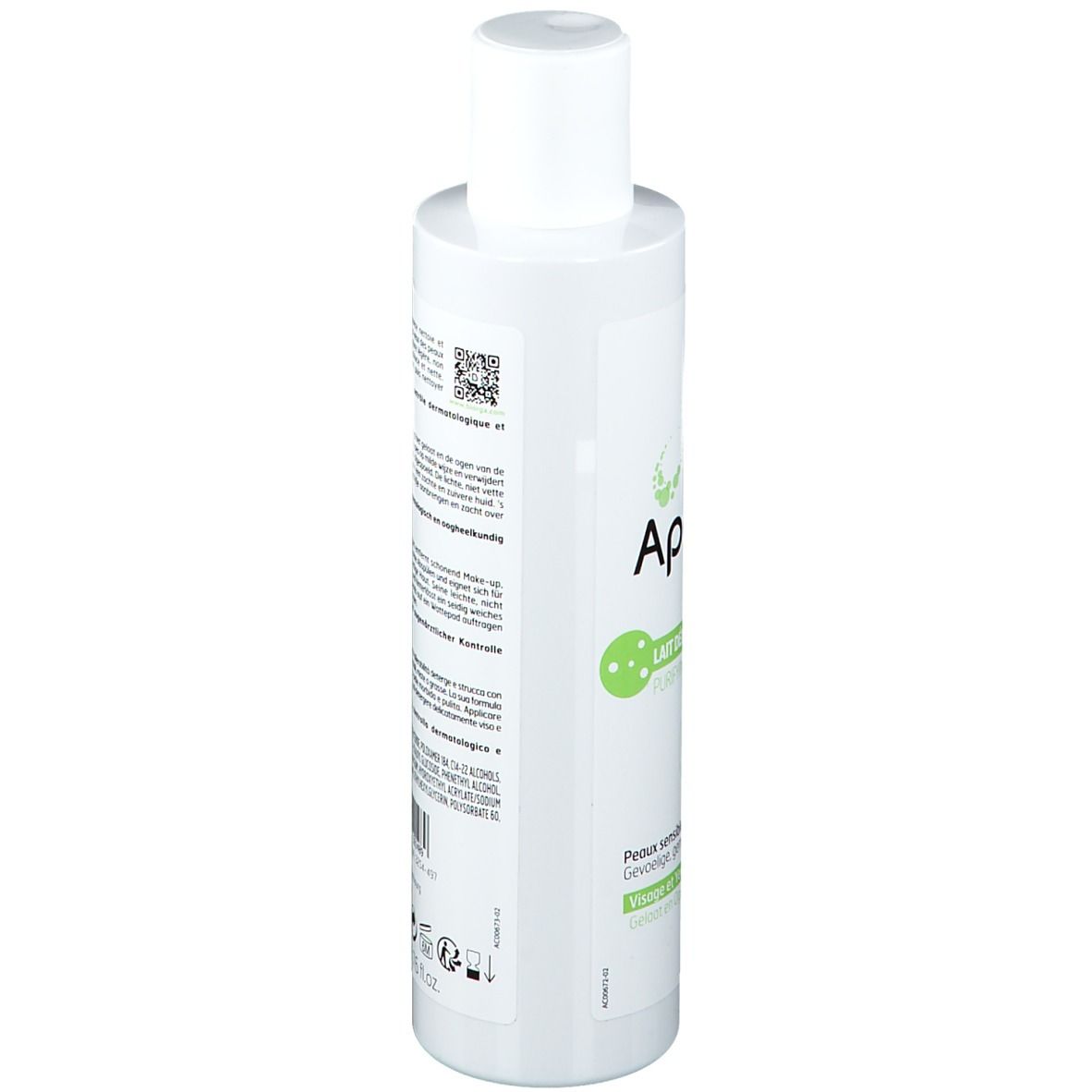 Flacone bianco, etichetta verde. Scritta: Apaisac Biorga. Testo multilingue. 0% profumo. Testato dermatologicamente.
