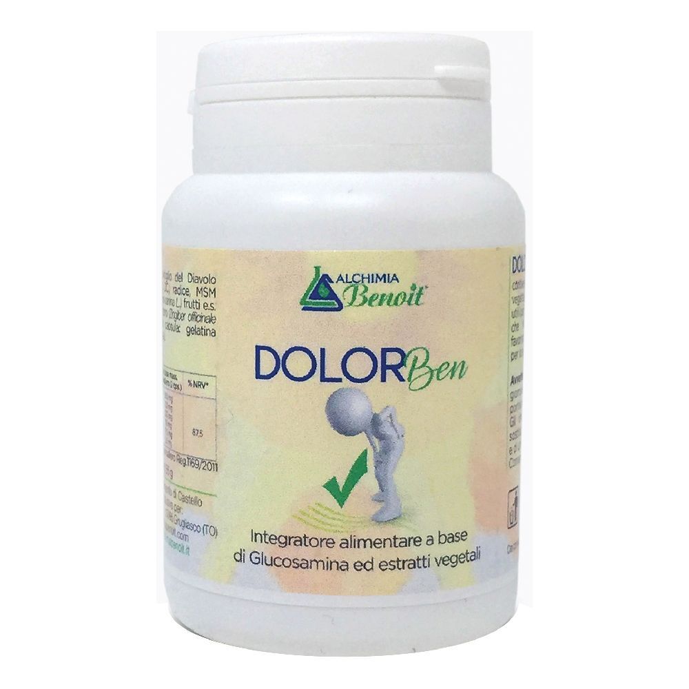 Flacone bianco con etichetta. Scritta: DOLOR Ben. Logo e illustrazione di una persona con spunta verde.
