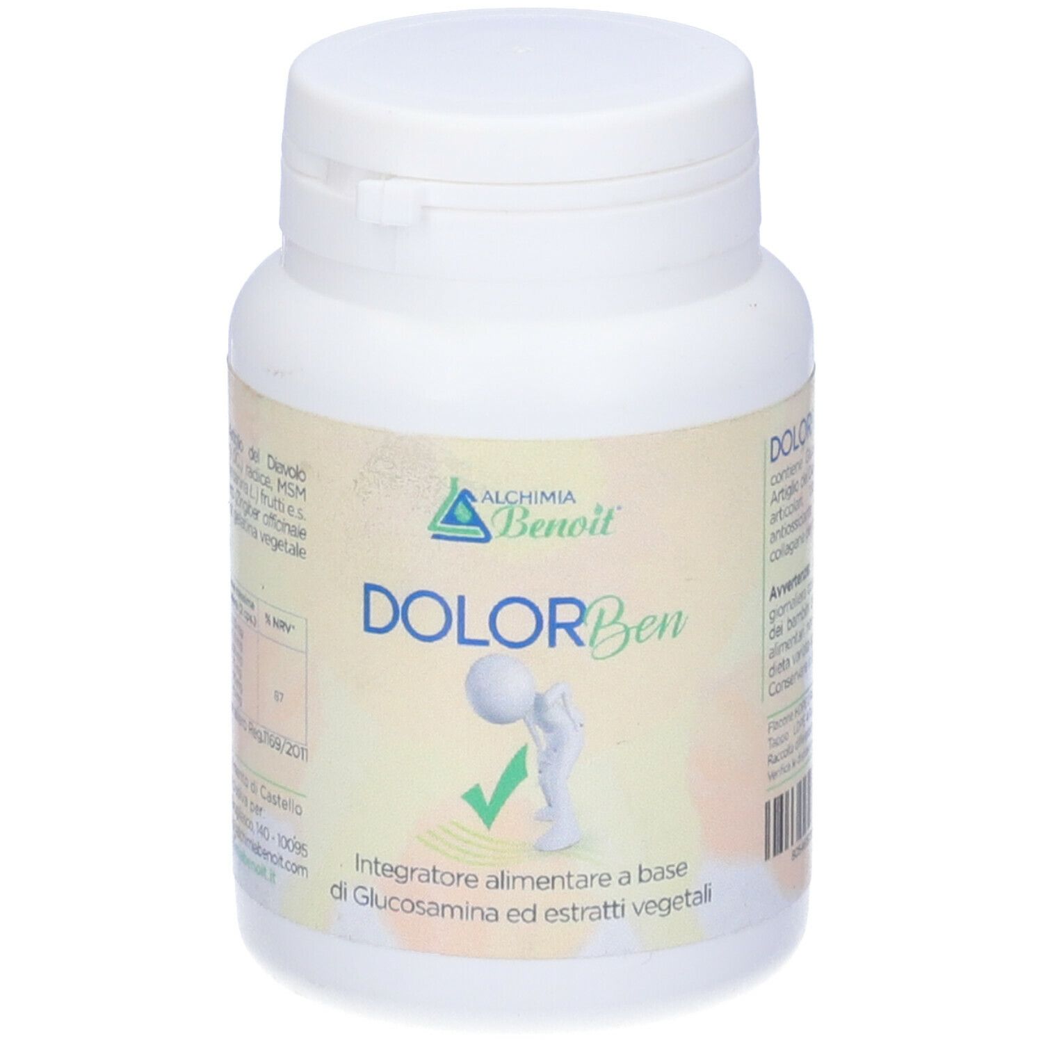Flacone bianco con etichetta. Scritta: DOLOR Ben. Logo e illustrazione di una persona con spunta verde.