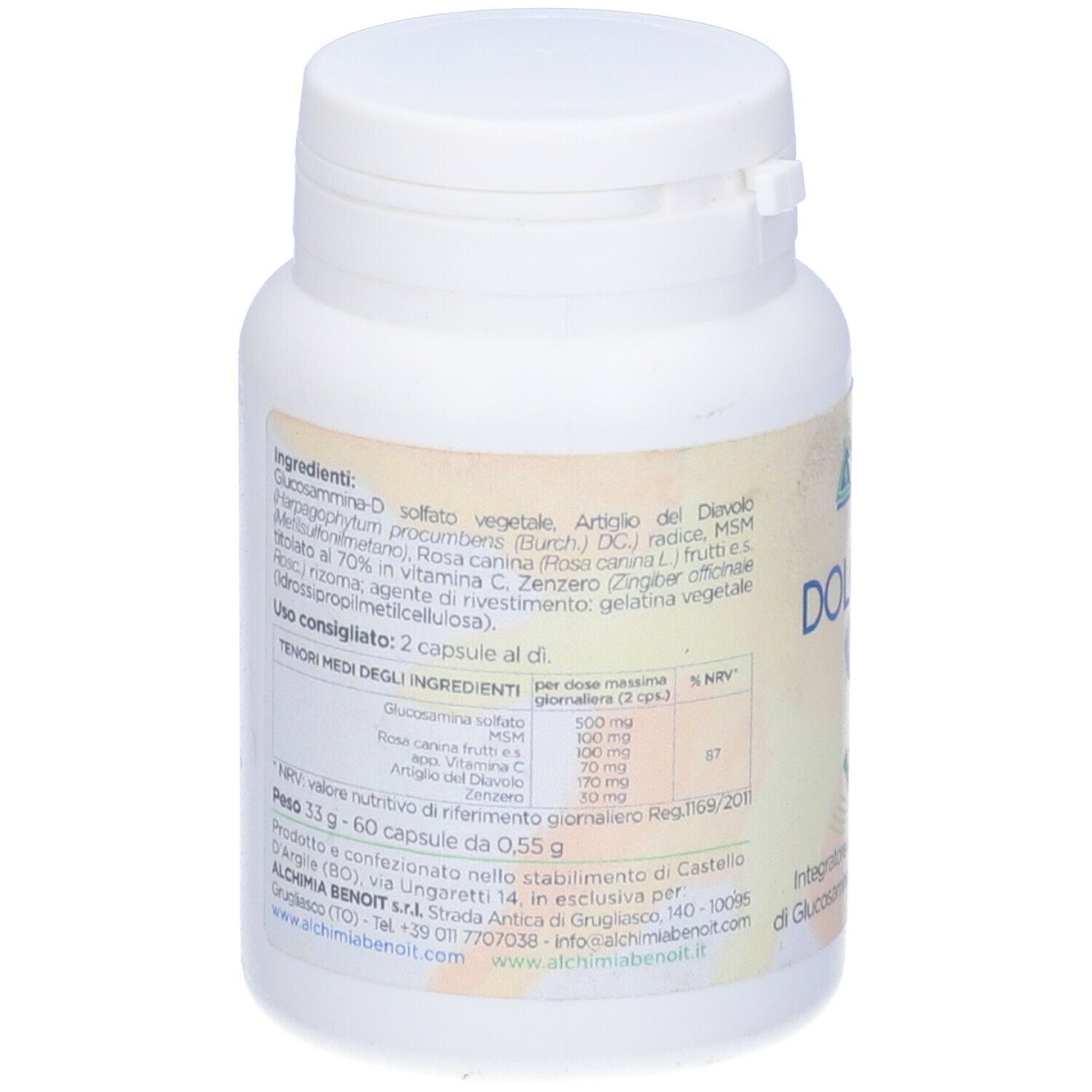 Retro di un flacone di capsule bianco. Testo con ingredienti e informazioni nutrizionali. Scadenza: 30/11/2024.