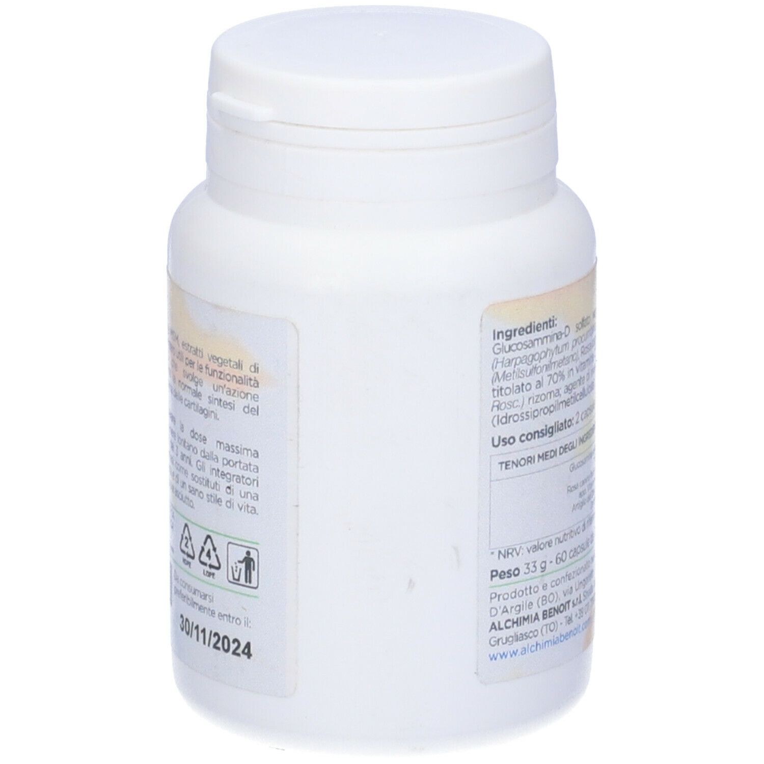 Retro di un flacone di capsule bianco. Testo con ingredienti e informazioni nutrizionali. Scadenza: 30/11/2024.