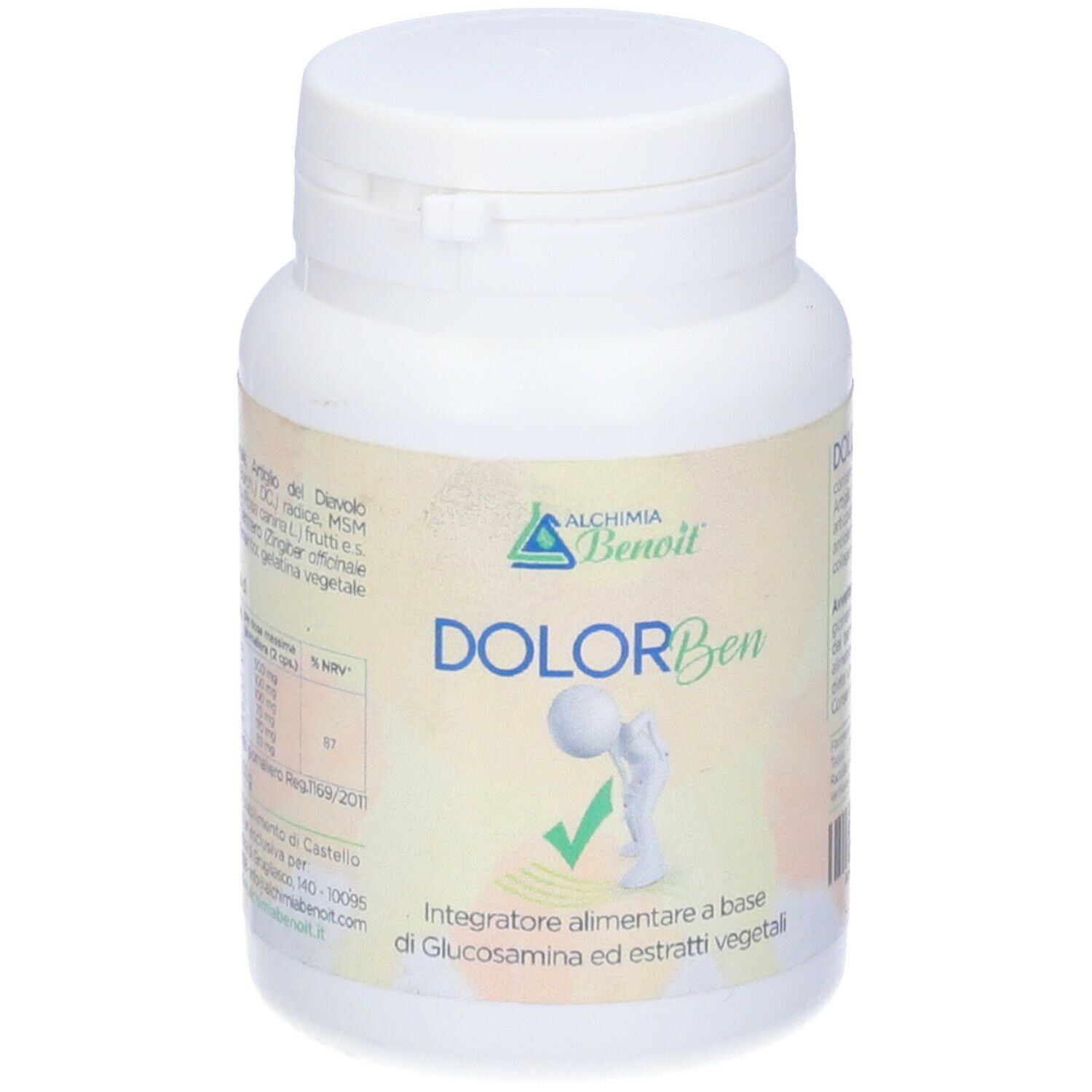 Flacone bianco con etichetta. Scritta: DOLOR Ben. Logo e illustrazione di una persona con spunta verde.