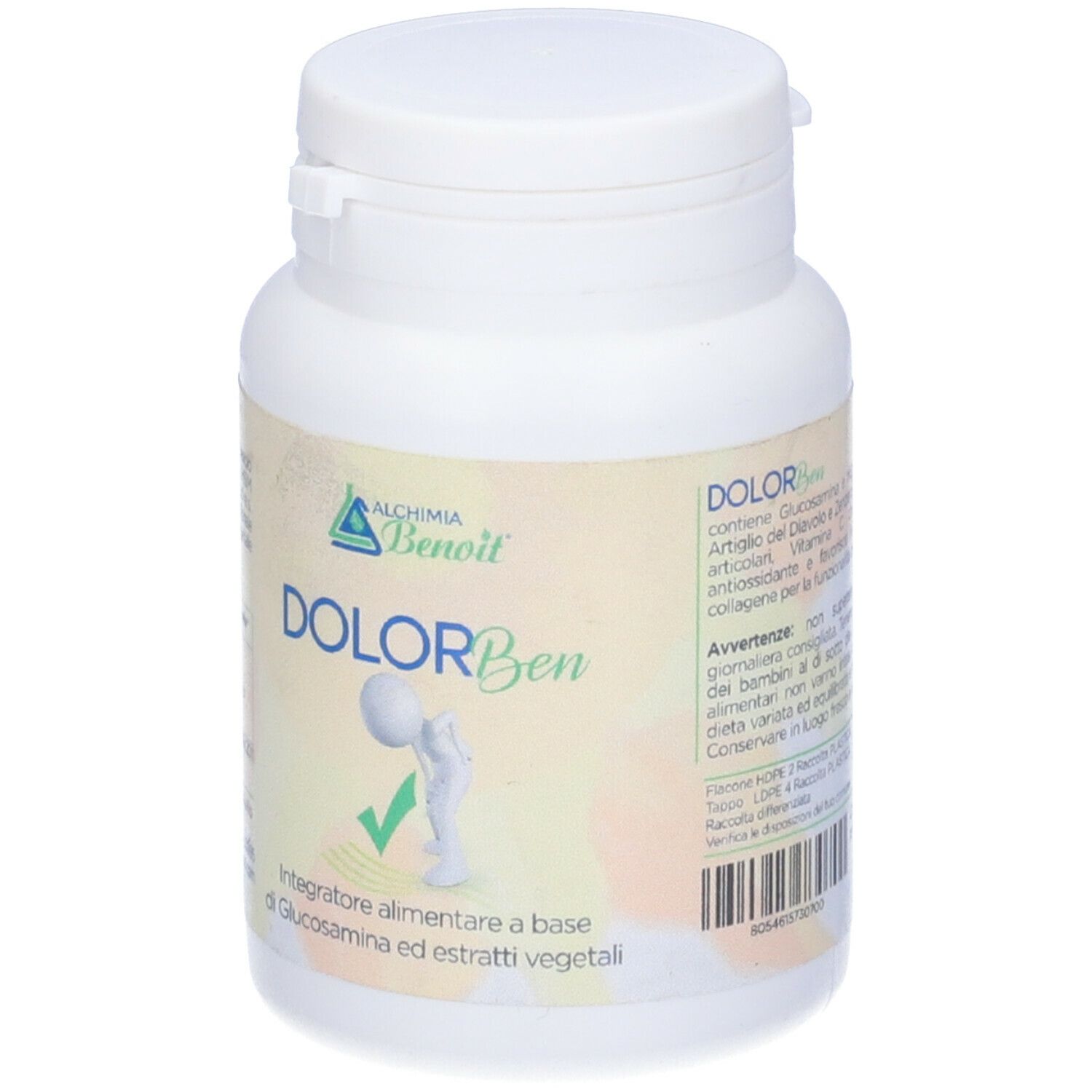 Flacone bianco con etichetta. Scritta: DOLOR Ben. Logo e illustrazione di una persona con spunta verde.
