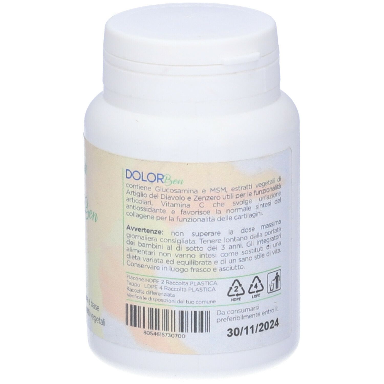 Retro di un flacone di capsule bianco. Testo con ingredienti e informazioni nutrizionali. Scadenza: 30/11/2024.