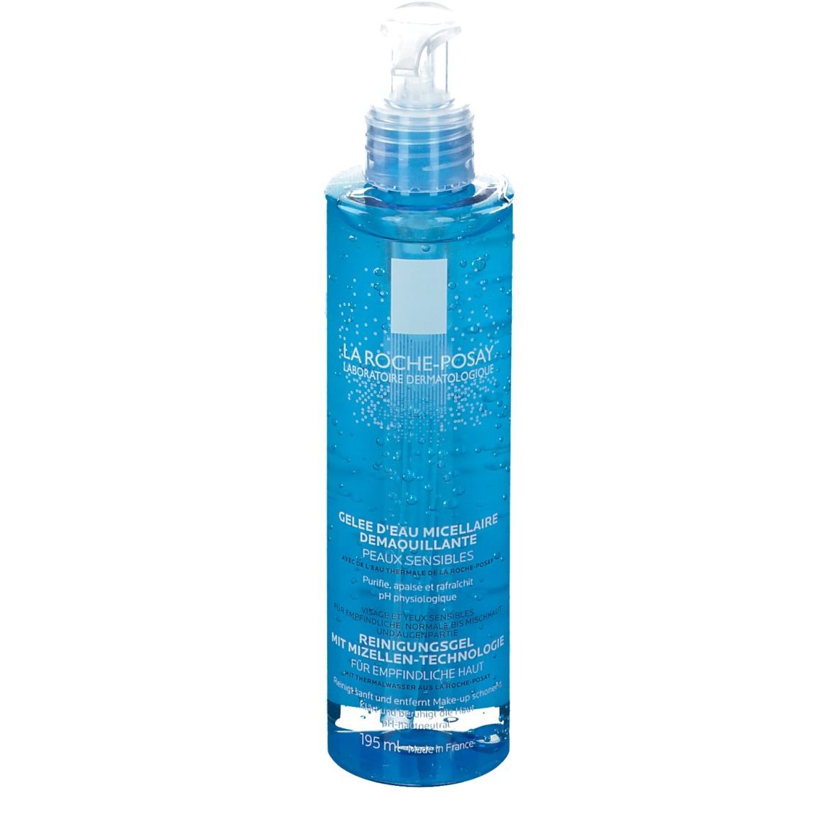 Blaue Flasche mit transparentem Gel. Aufschrift: La Roche-Posay, Gelee d'eau micellaire.