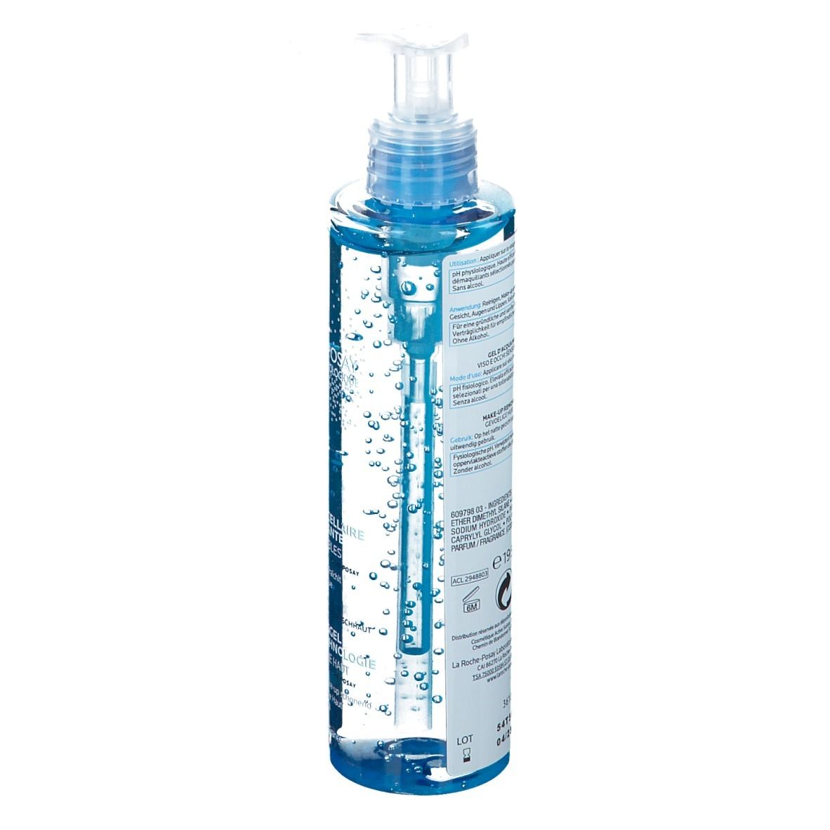 Rückseite der blauen Flasche. Text: Inhaltsstoffe, Herstellerinformationen, Chargennummer.