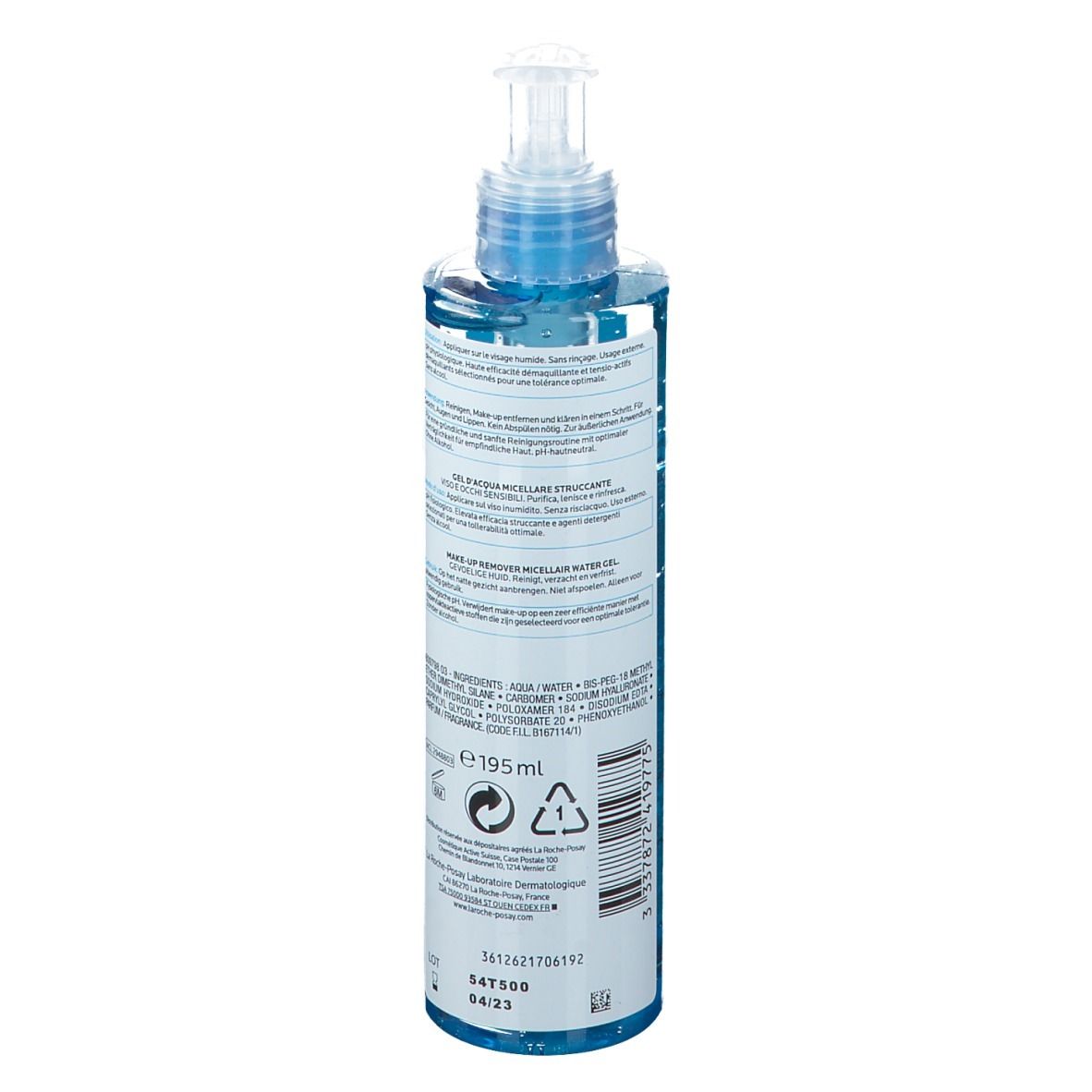 Rückseite der blauen Flasche. Text: Inhaltsstoffe, Herstellerinformationen, Chargennummer.