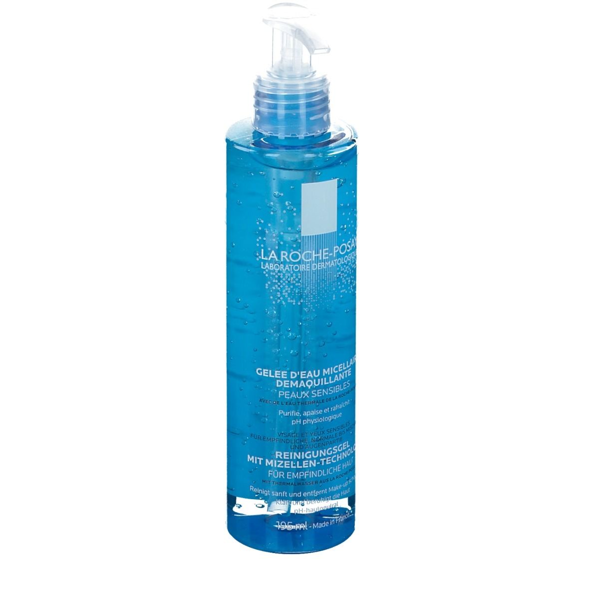 Blaue Flasche mit transparentem Gel. Aufschrift: La Roche-Posay, Gelee d'eau micellaire.