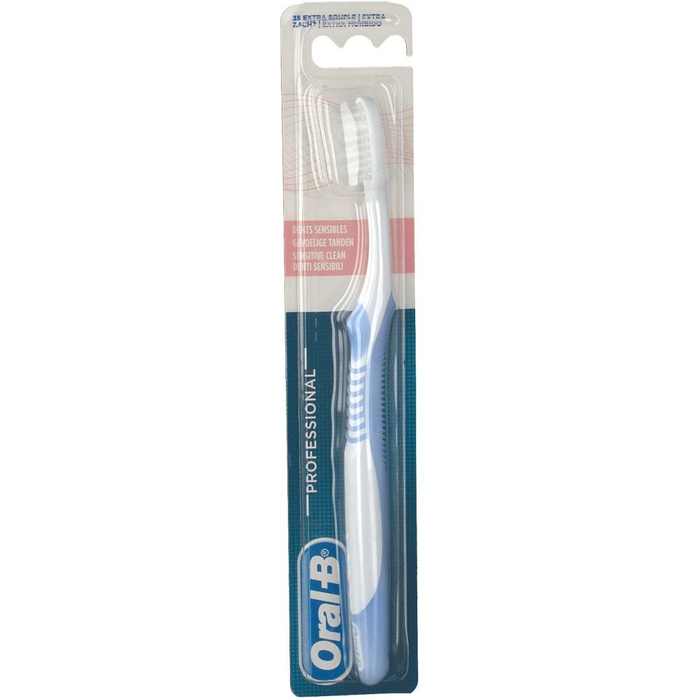 Spazzolino in confezione blister. Manico blu, testina bianca. Logo "Oral-B Professional".