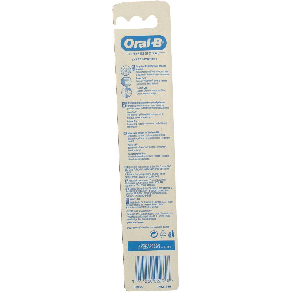 Retro della confezione. Testo multilingue. Logo "Oral-B Professional". Codice a barre.