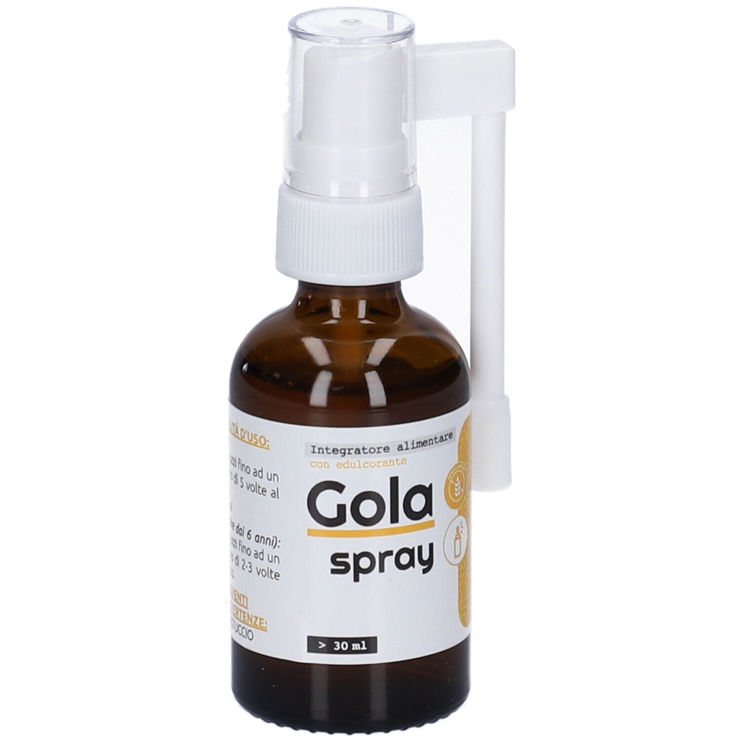 Braunglasflasche mit weißem Sprühkopf und Applikator, Etikett mit 'Gola spray'.