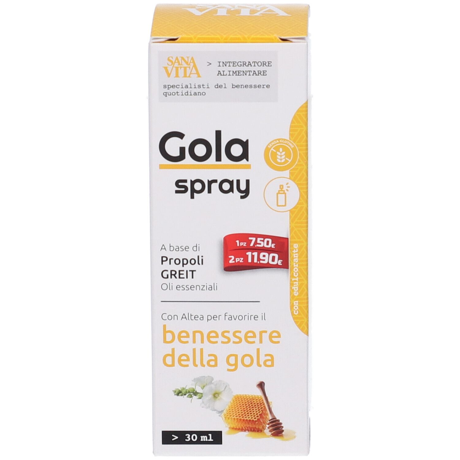 Verpackung von Gola Spray mit Abbildung von Blüten, Wabe und Honig.