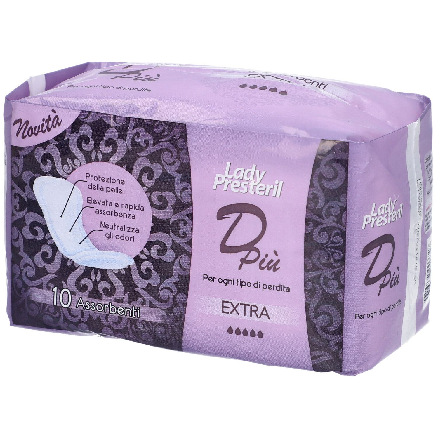 Lady Presteril Dpiù Extra Bindenpackung, 10 Stück. Lila Verpackung mit Mustern.