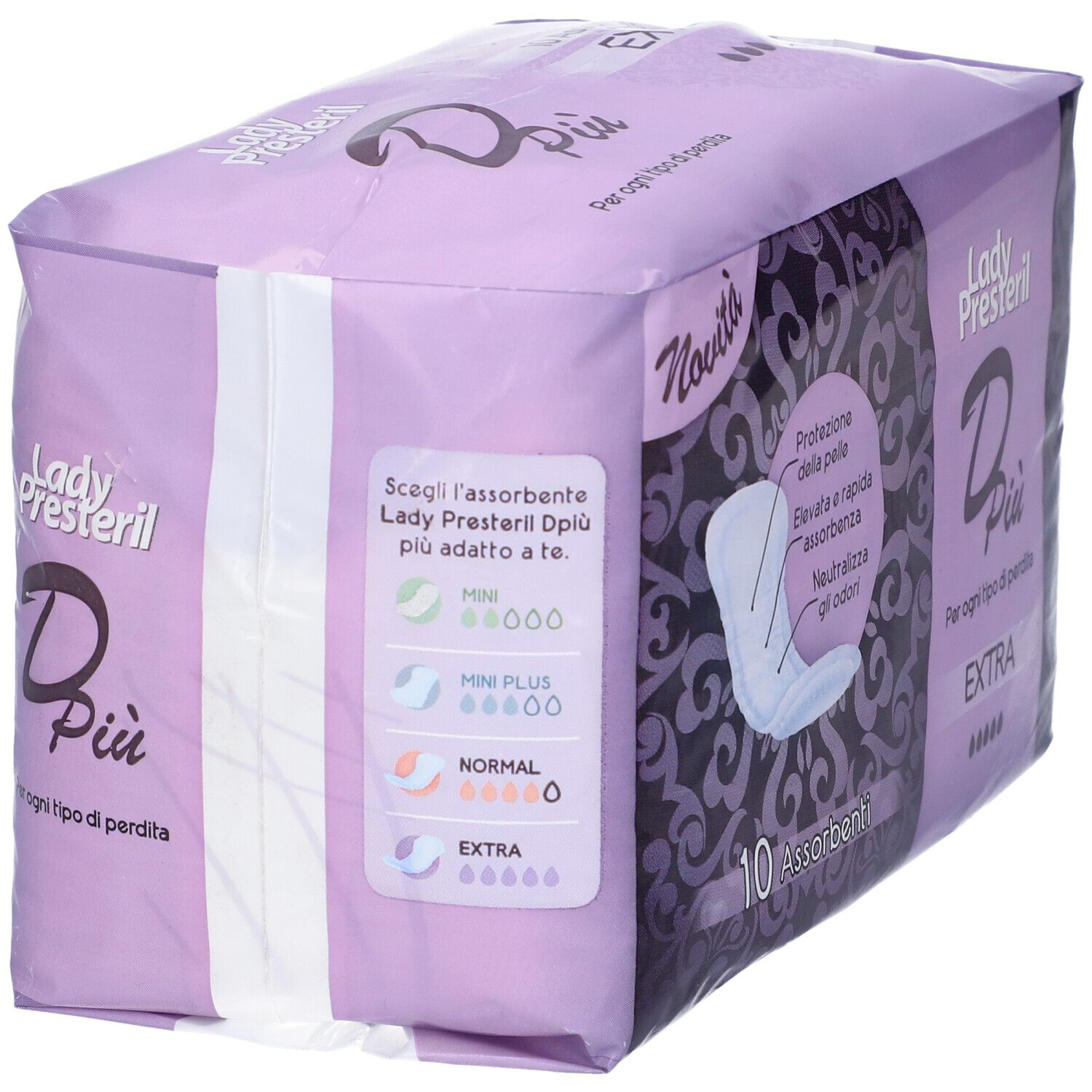 Lady Presteril Dpiù Extra Bindenpackung, 10 Stück. Lila Verpackung mit Größentabelle.