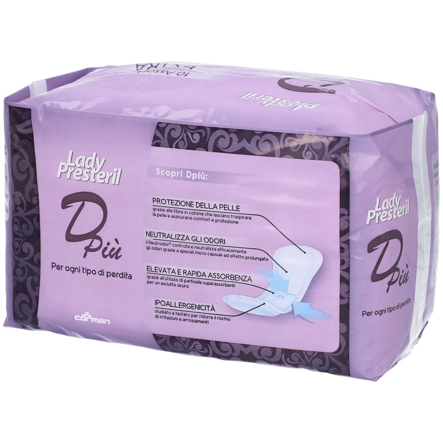 Lady Presteril Dpiù Extra Bindenpackung, 10 Stück. Rückseite mit Produktmerkmalen.