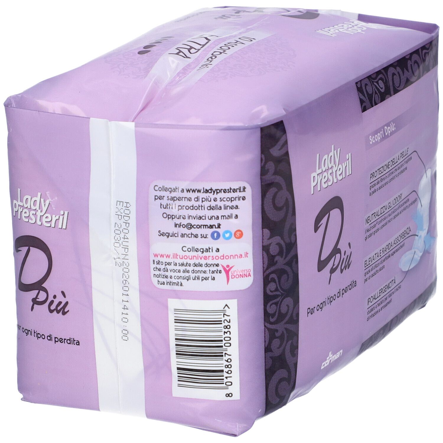 Lady Presteril Dpiù Extra Bindenpackung, 10 Stück. Rückseite mit Barcode und Kontaktinfos.