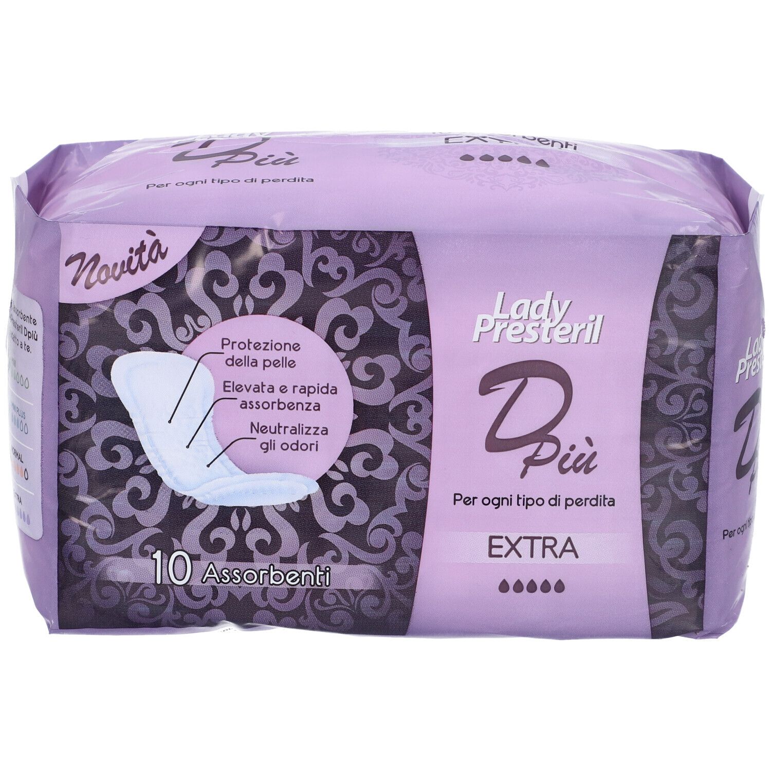 Lady Presteril Dpiù Extra Bindenpackung, 10 Stück. Lila Verpackung mit Mustern und Produktabbildung.