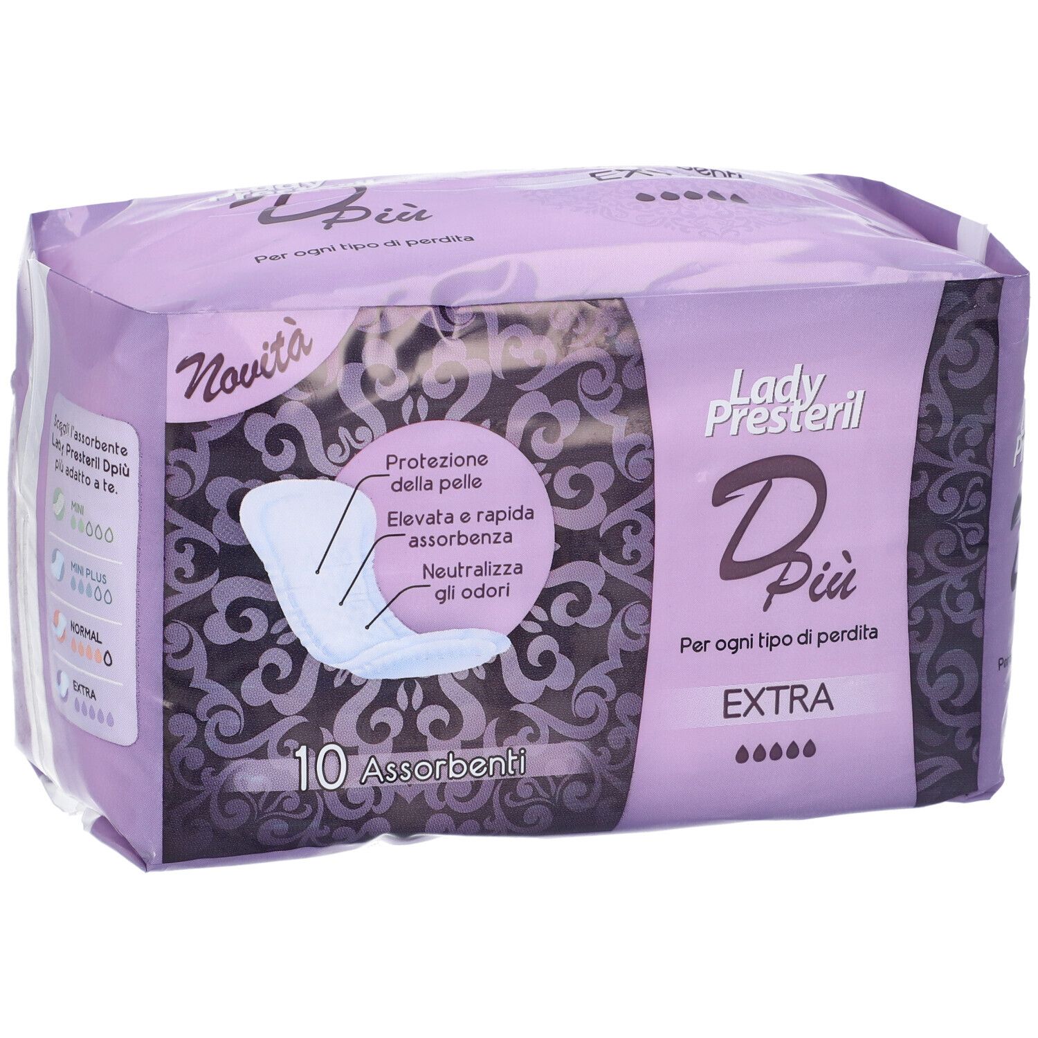 Lady Presteril Dpiù Extra Bindenpackung, 10 Stück. Lila Verpackung mit Mustern und Produktabbildung.