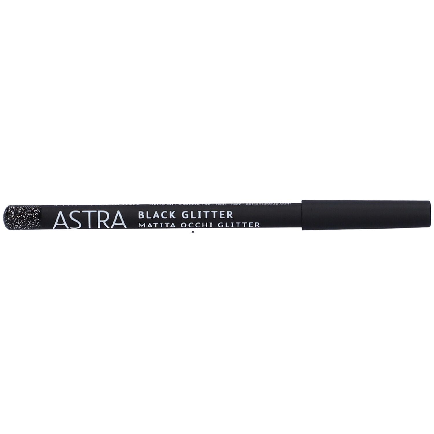 Matita occhi nera glitterata, dritta. Logo ASTRA e nome del prodotto visibili.
