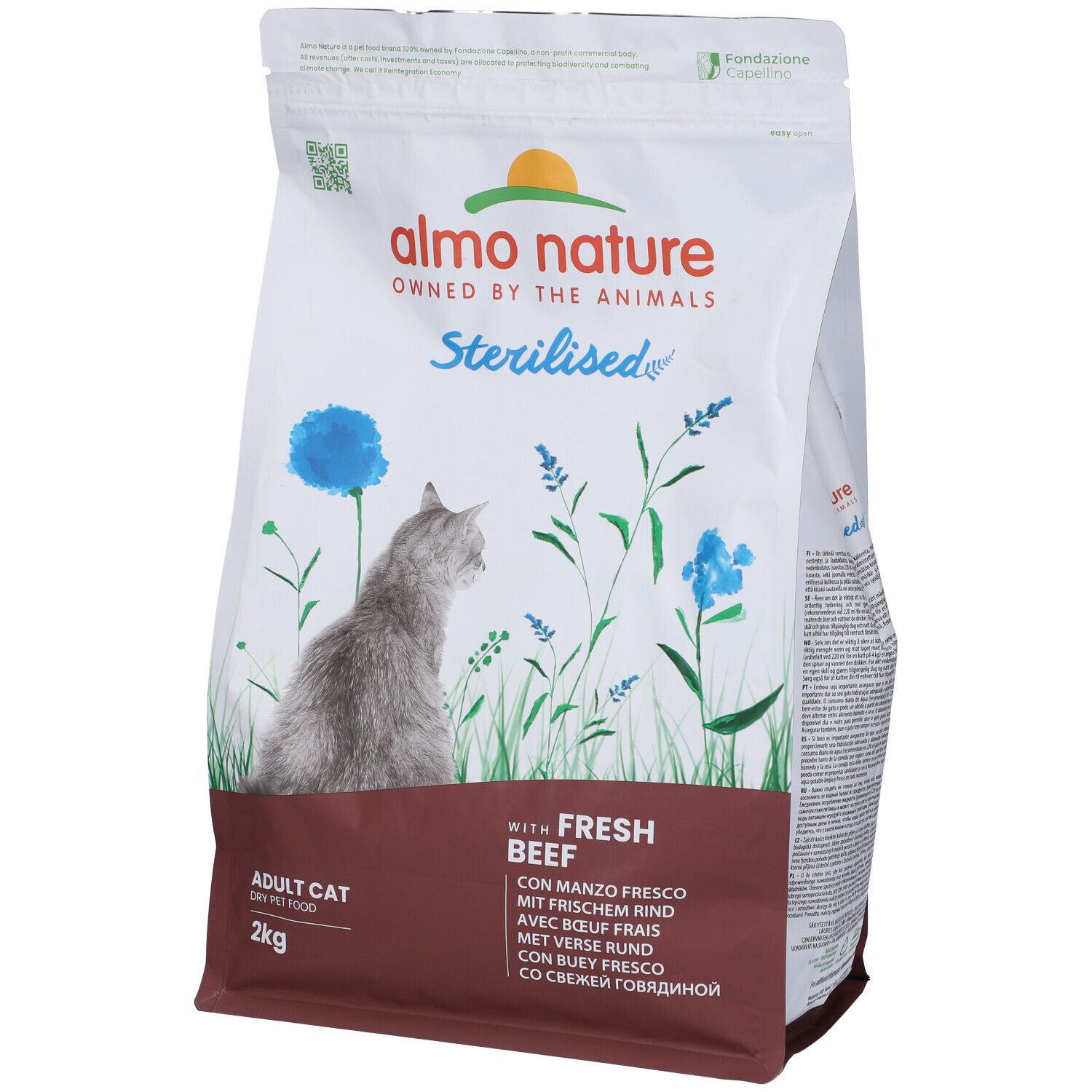 Confezione di cibo per gatti Almo Nature. Scritto: Sterilised, con manzo fresco. 2kg, Adult Cat.