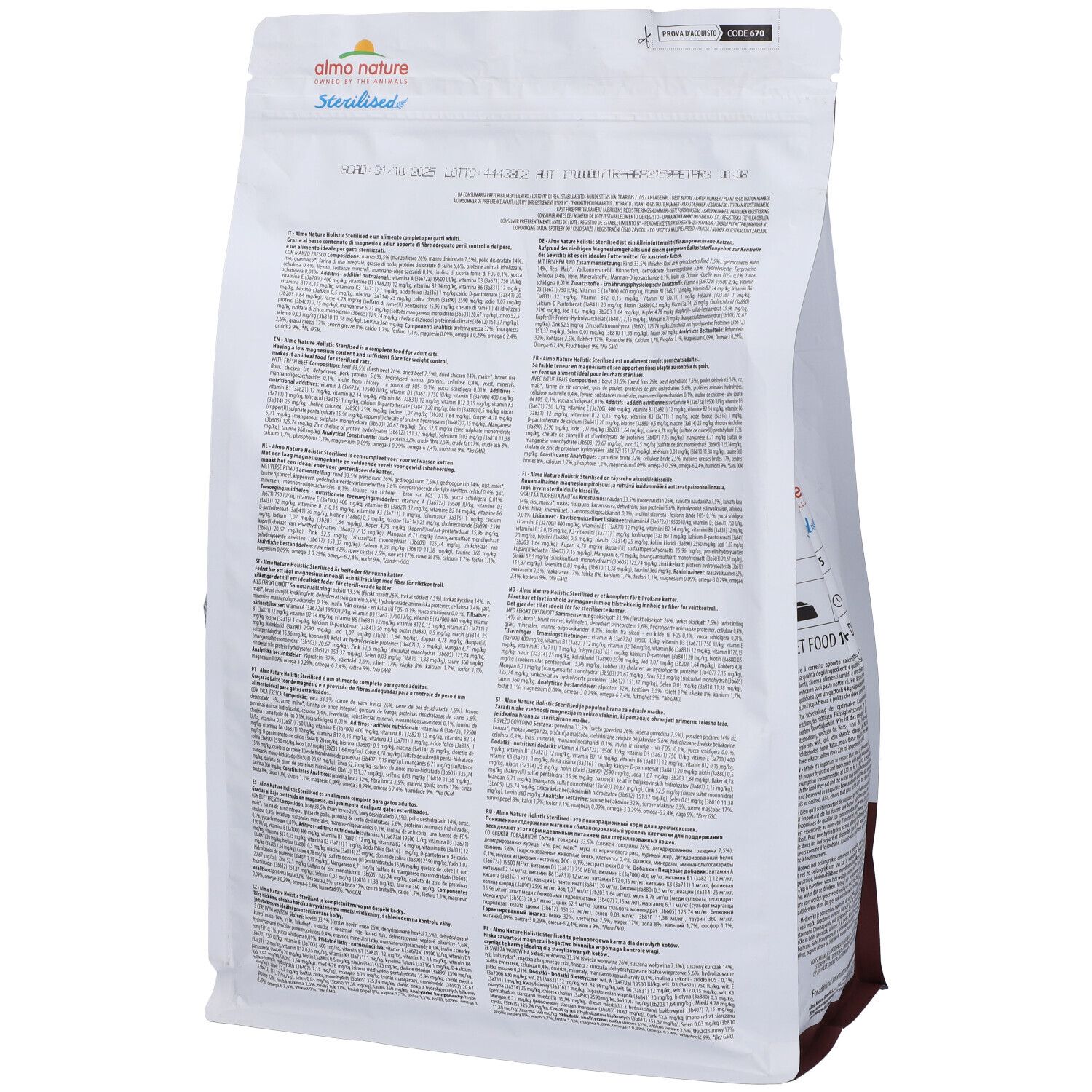Retro della confezione di cibo per gatti. Testo multilingue. Informazioni sugli ingredienti e nutrizionali.