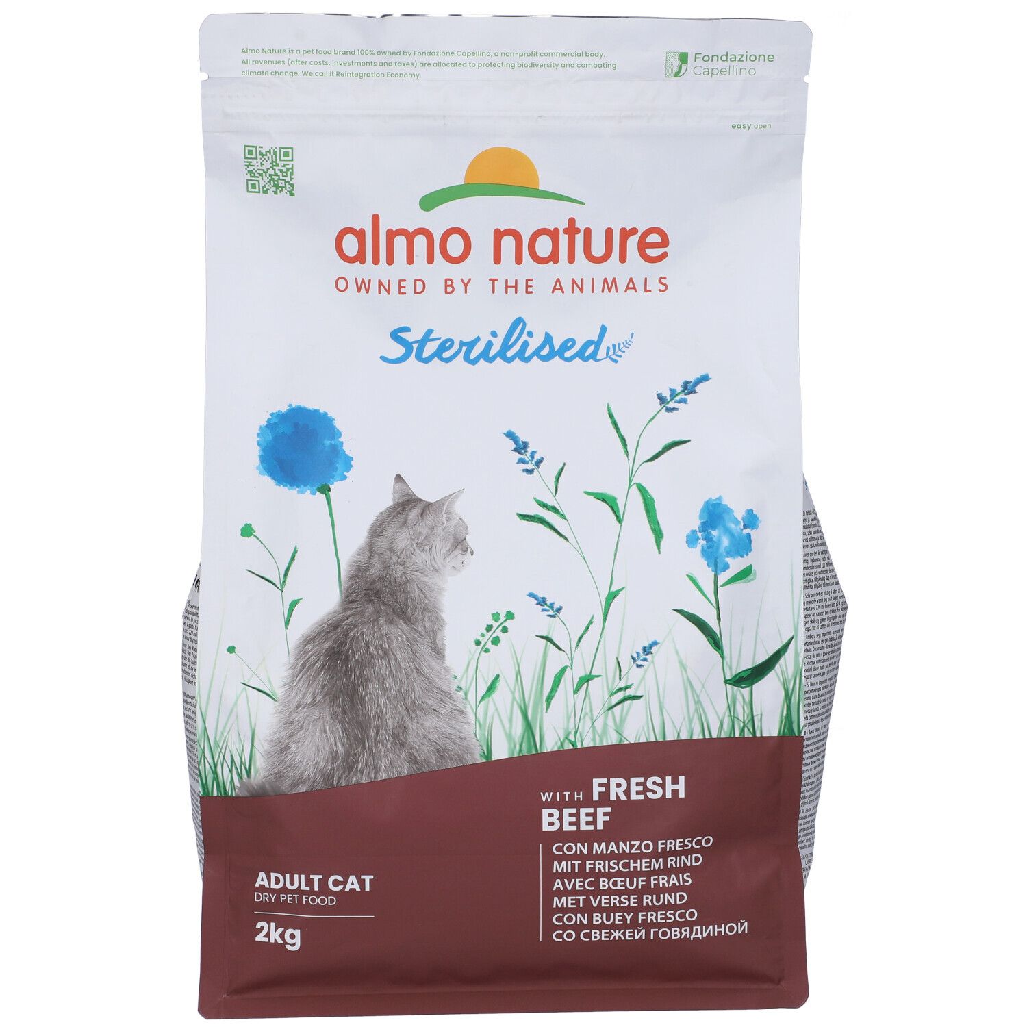 Confezione di cibo per gatti Almo Nature. Scritto: Sterilised, con manzo fresco. 2kg, Adult Cat.