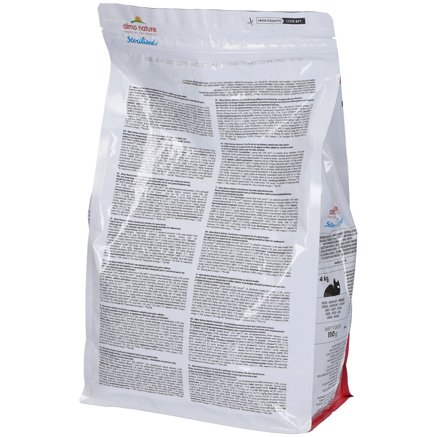 Retro della confezione di cibo per gatti. Informazioni testuali. Marchio Almo Nature. 'Sterilised'. 4kg. Per gatti.