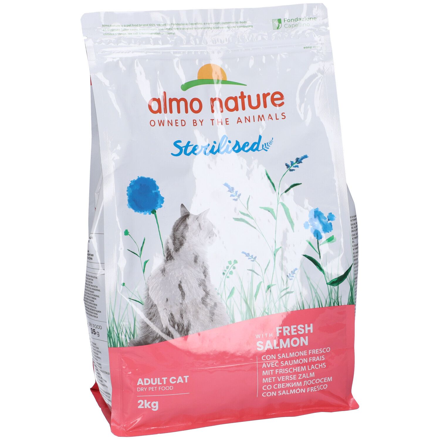 Confezione di cibo per gatti Almo Nature, 'Sterilised' e 'Fresh Salmon'. Immagine di gatto e fiori. 2kg.