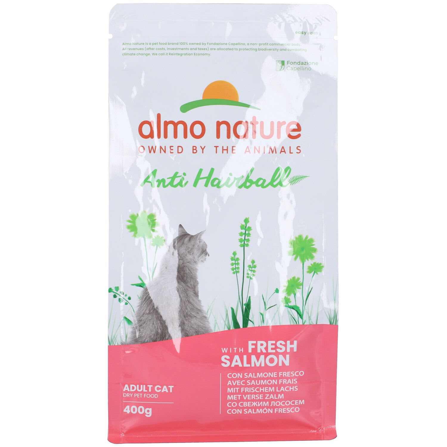 Confezione Almo Nature Anti Hairball per gatti. Sacchetto bianco-rosa con immagine di gatto e nome del prodotto.