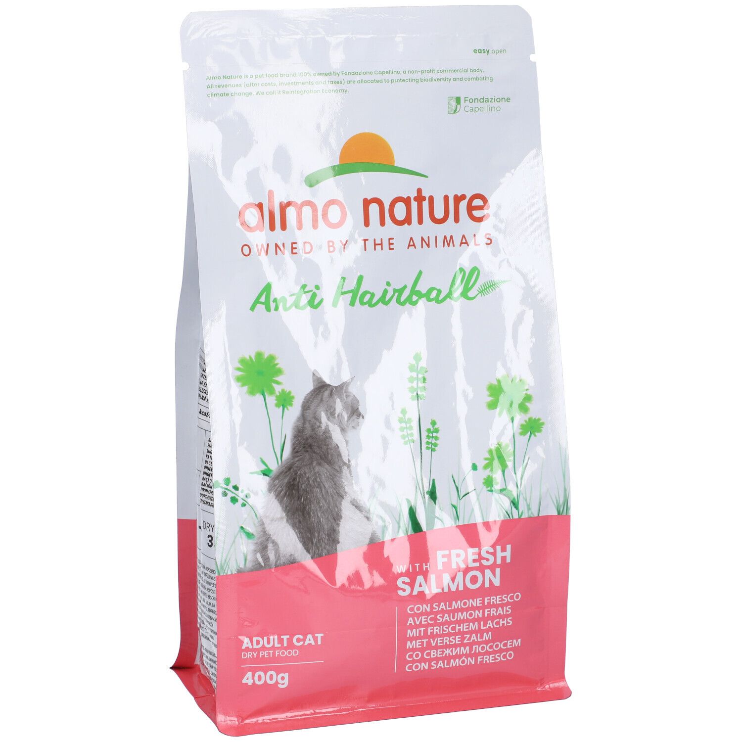 Confezione Almo Nature Anti Hairball per gatti. Sacchetto bianco-rosa con immagine di gatto e nome del prodotto.