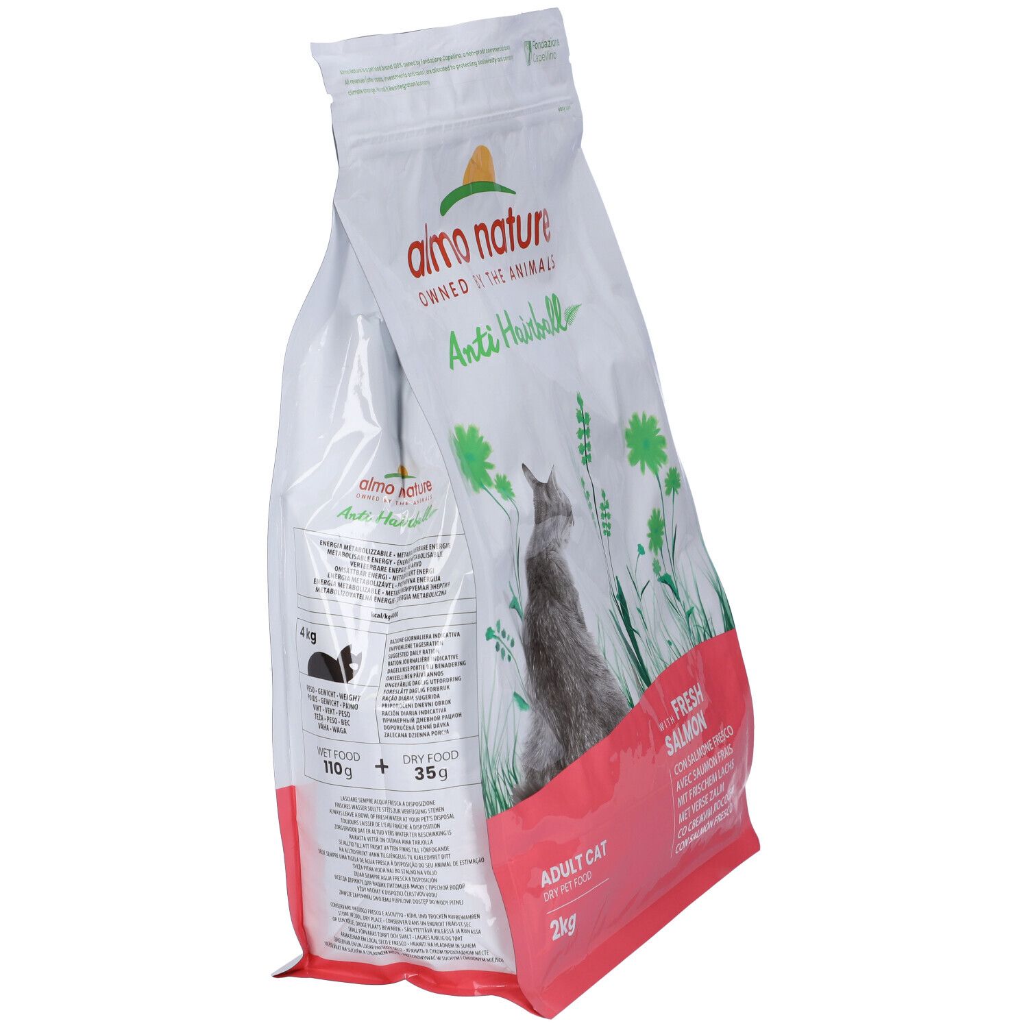 Confezione di cibo per gatti Almo Nature, Anti Hairball. Vista laterale. Testo: Anti Hairball, con salmone fresco. 2kg. Immagine di un gatto.
