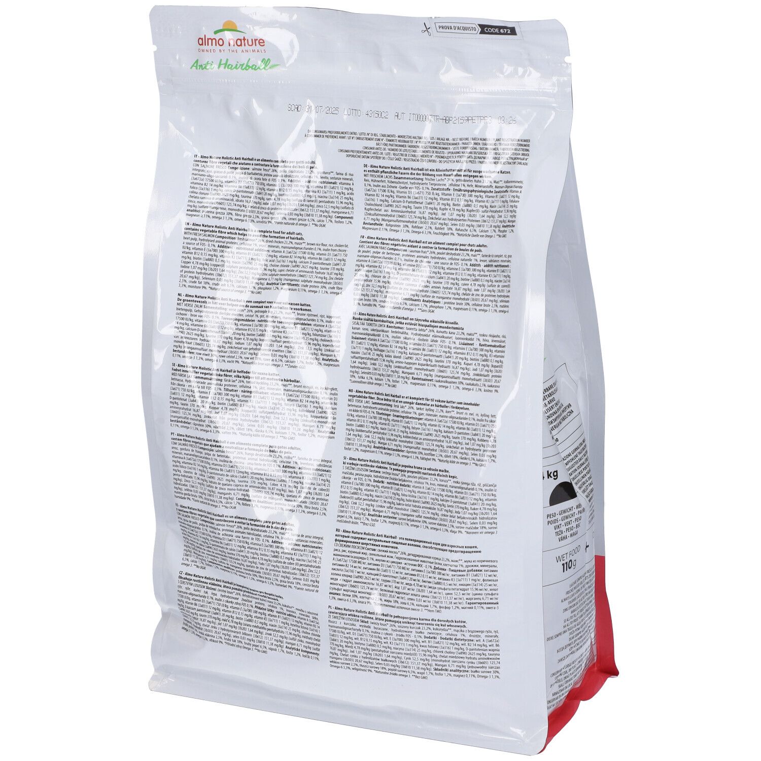 Retro della confezione di cibo per gatti Almo Nature. Testo in più lingue. Informazioni sugli ingredienti e raccomandazioni per l'alimentazione.