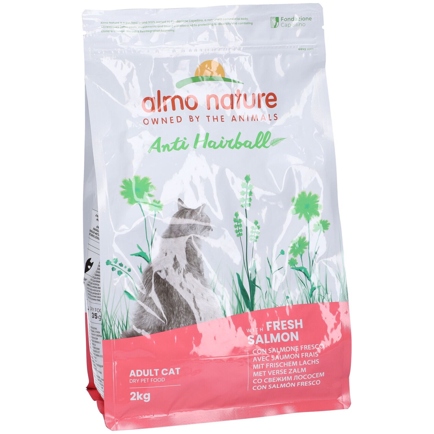 Confezione di cibo per gatti Almo Nature. Scritto: Anti Hairball, con salmone fresco. 2kg. Immagine di un gatto.
