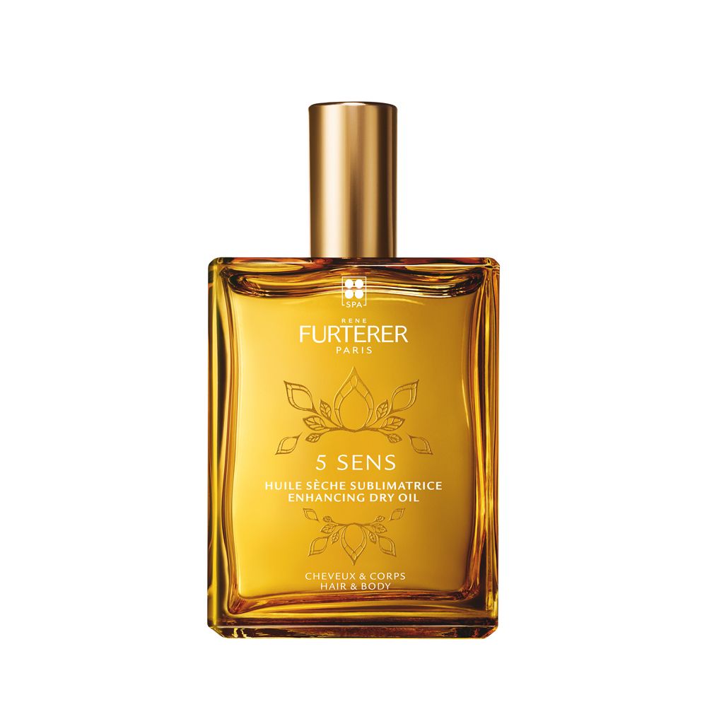 Flacone quadrato in vetro con tappo dorato. Scritta: 5 SENS, olio secco. Marchio: FURTERER PARIS.
