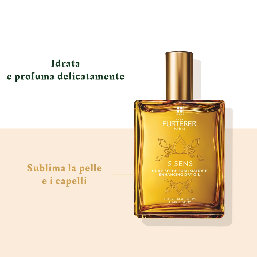 Flacone in vetro con tappo dorato. Testo: 5 SENS, olio secco. Testo: Sublima la pelle e i capelli. Marchio: FURTERER.