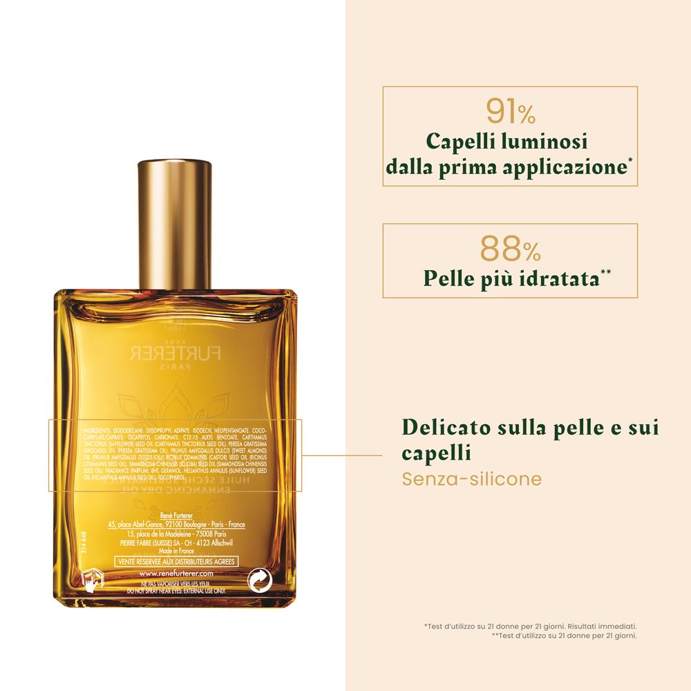 Flacone in vetro con tappo dorato. Testo: 5 SENS, olio secco. Testo: 91% capelli luminosi, 88% pelle idratata. Senza silicone.