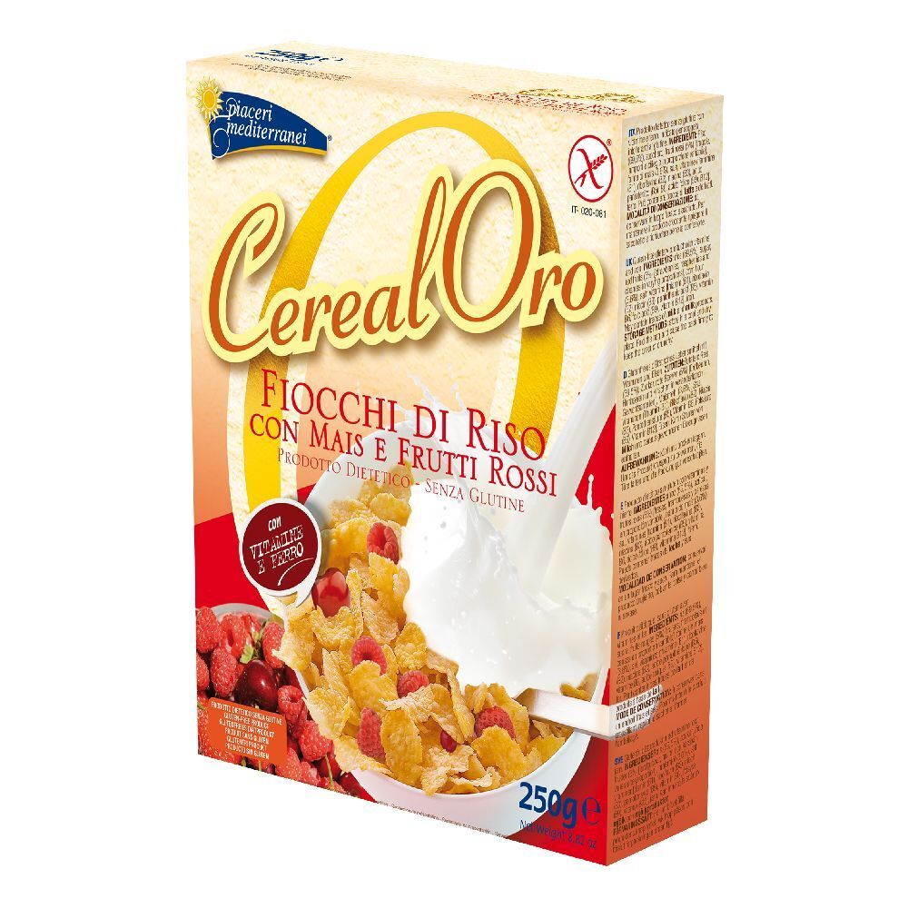 Confezione di Cereal Oro, fiocchi di riso senza glutine con mais e frutti rossi. 250g.