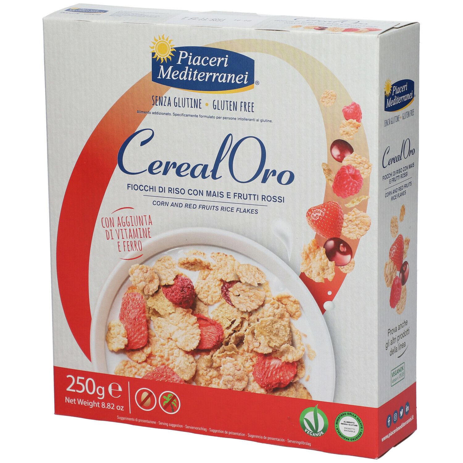 Confezione di Cereal Oro, fiocchi di riso senza glutine con mais e frutti rossi. 250g.