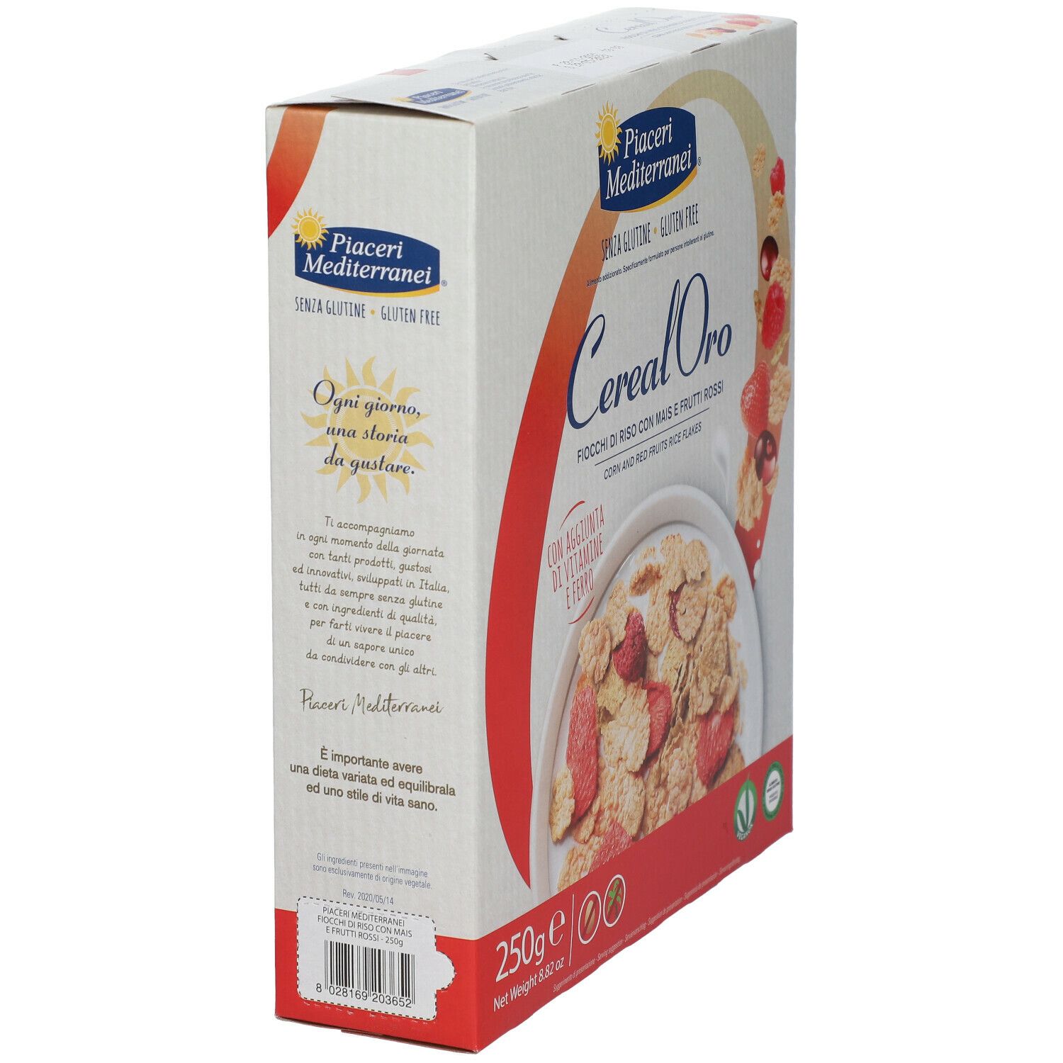 Confezione di Cereal Oro, fiocchi di riso senza glutine con mais e frutti rossi. 250g.