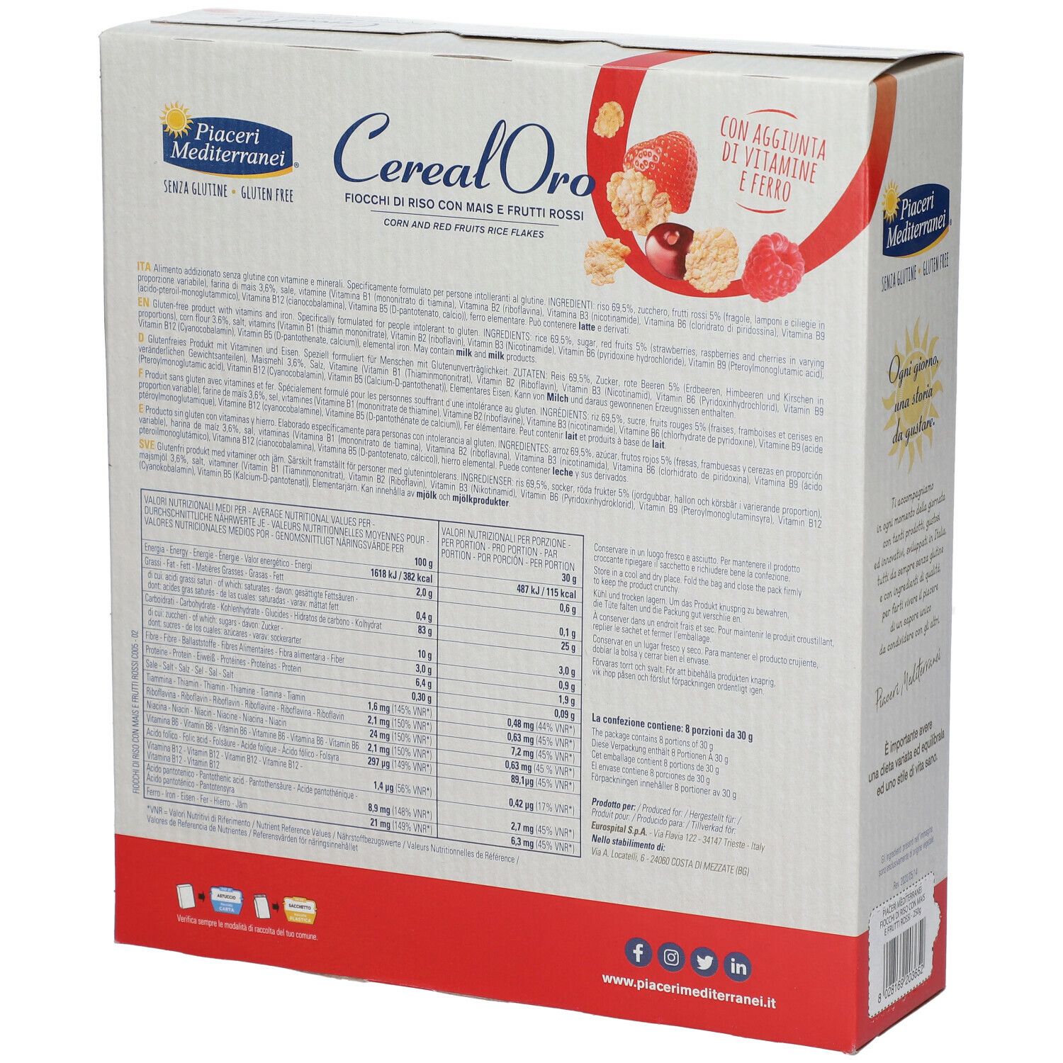 Confezione di Cereal Oro, fiocchi di riso senza glutine con mais e frutti rossi. 250g.