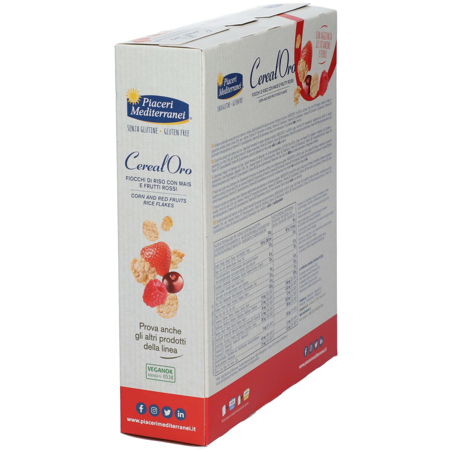 Confezione di Cereal Oro, fiocchi di riso senza glutine con mais e frutti rossi. 250g.