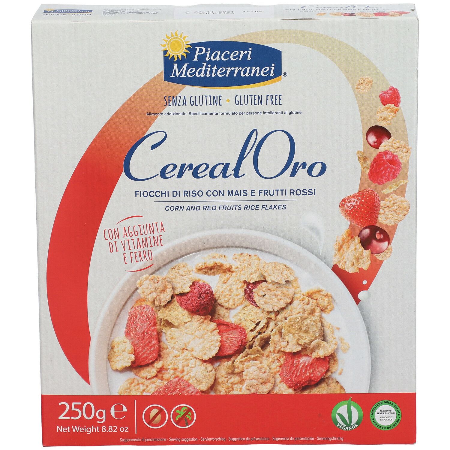 Confezione di Cereal Oro, fiocchi di riso senza glutine con mais e frutti rossi. 250g.