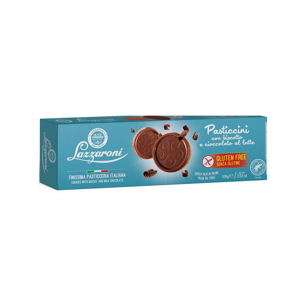 Confezione azzurra con biscotti e cioccolato. Scritta: Lazzaroni, Pasticcini, Senza glutine. Bandiera italiana.