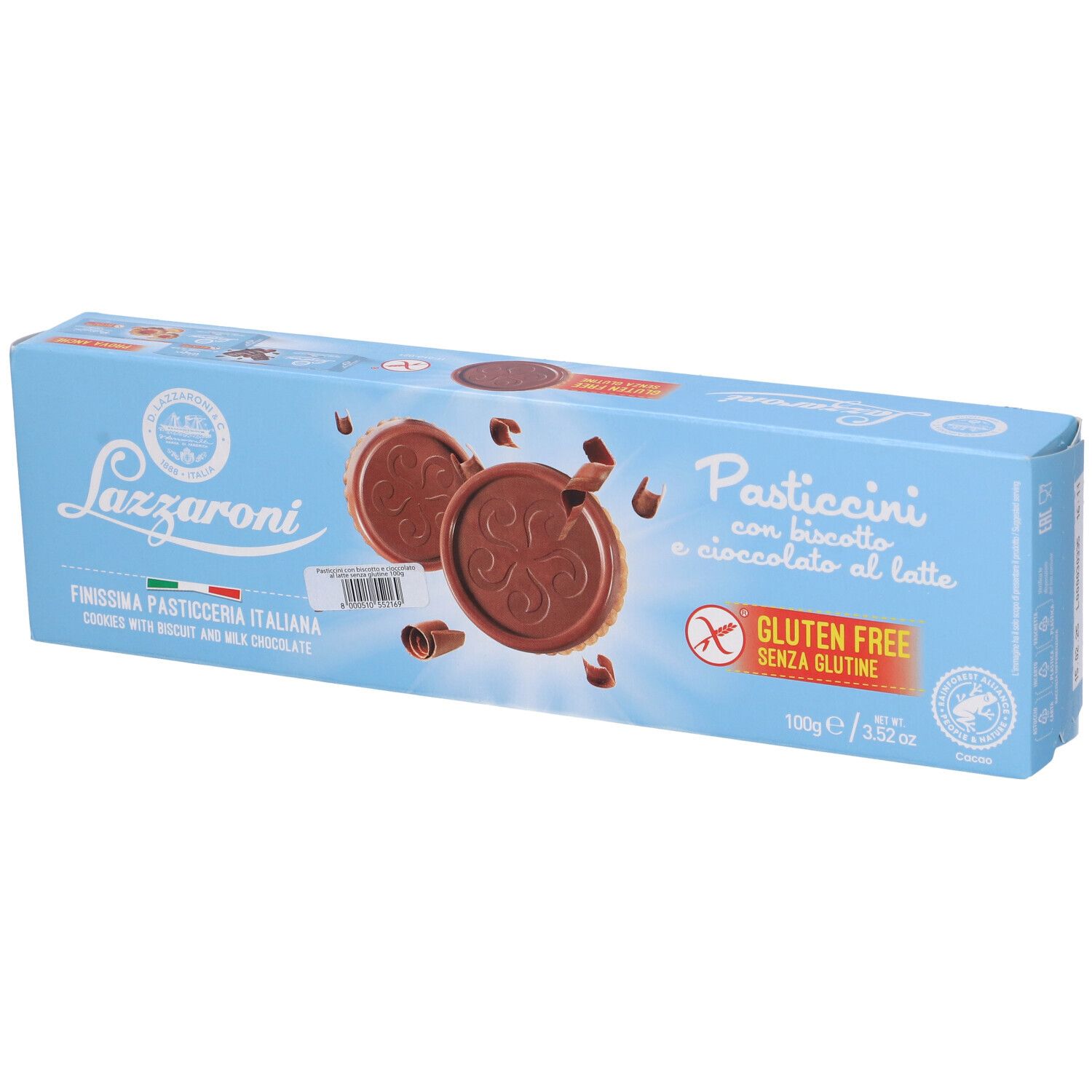 Confezione azzurra con biscotti e cioccolato. Scritta: Lazzaroni, Pasticcini, Senza glutine. Codice a barre e 100g.